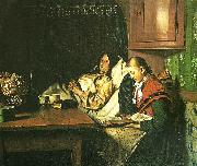 Michael Ancher ved en sygeseng, en ung pige lceser for den gamle kone i alkoven USA oil painting artist